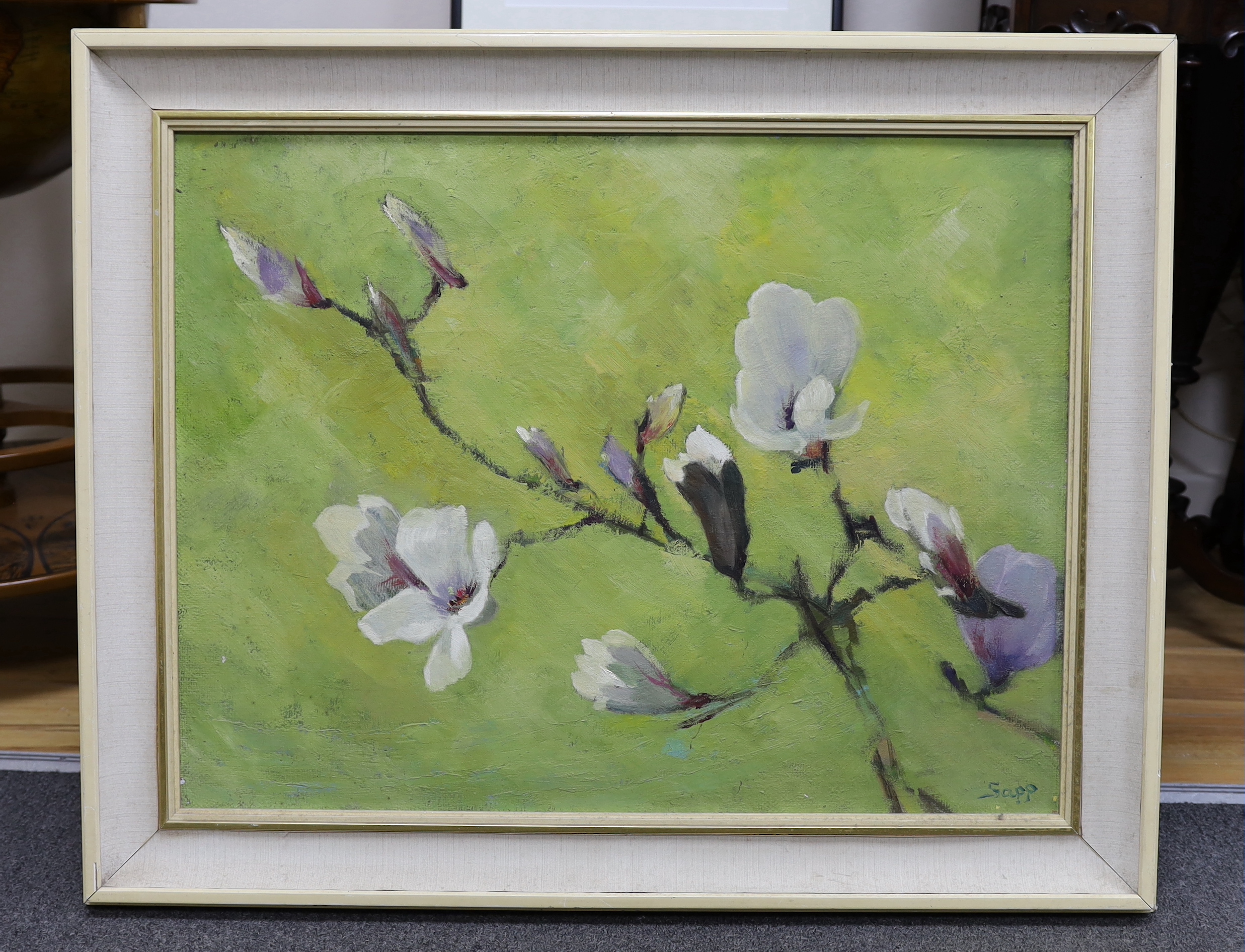 Prue Sapp (1928-2013), oil on canvas, Study of a magnolia blossom, signed, 49 x 65cm